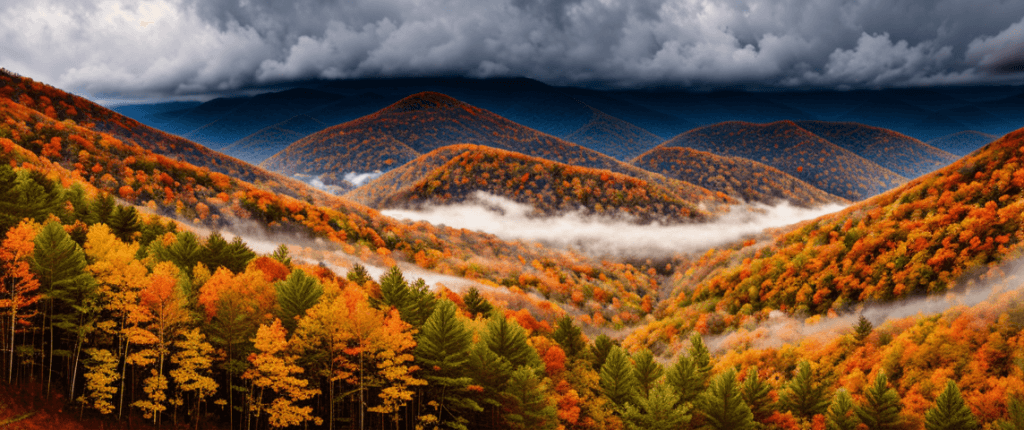 north carolina mountains scene, clouds, blue skies, highways, photorealistic, foggy, fall leaves changing rain storm