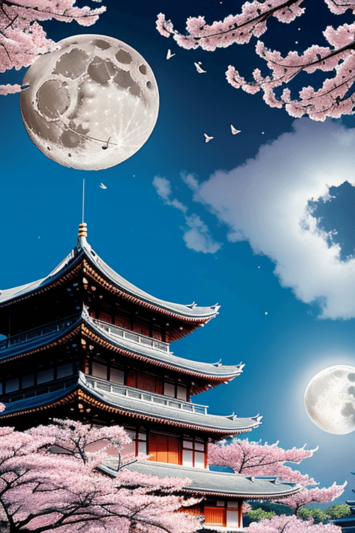 no humans, moon, petals, flower, fish, water, architecture, full moon, cherry blossoms, traditional media, cloud, east asian 