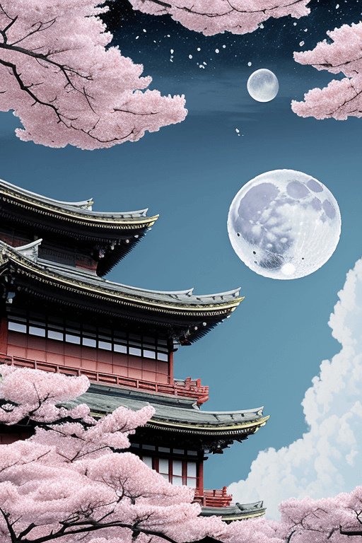 no humans, moon, petals, flower, fish, water, architecture, full moon, cherry blossoms, traditional media, cloud, east asian 